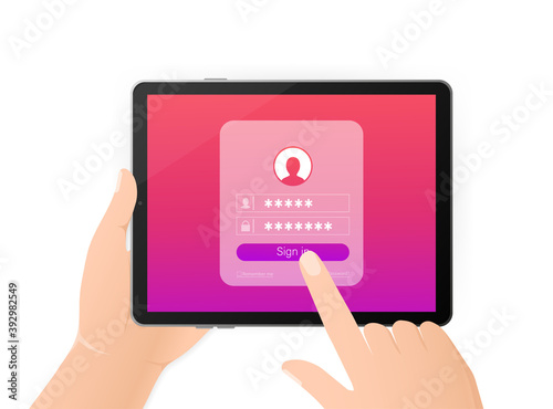 Log in tablet hands, great design for any purposes. Vector illustration flat design. Laptop screen. Phone icon vector. Cartoon button with log in tablet hands.