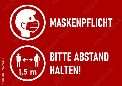 Set of Round Sticker Icons for Coronavirus Measures in German including "Maskenpflicht" (Face Masks Required) and "Bitte Abstand halten (Please Keep Your Distance). Vector Image.