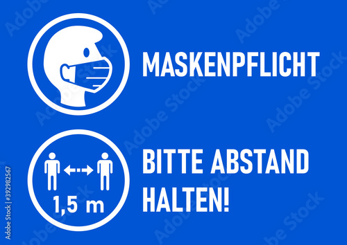 Set of Round Sticker Icons for Coronavirus Measures in German including "Maskenpflicht" (Face Masks Required) and "Bitte Abstand halten (Please Keep Your Distance). Vector Image.