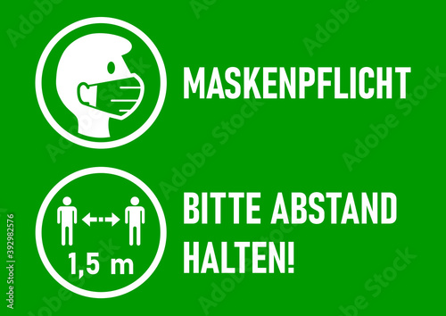 Set of Round Sticker Icons for Coronavirus Measures in German including "Maskenpflicht" (Face Masks Required) and "Bitte Abstand halten (Please Keep Your Distance). Vector Image.