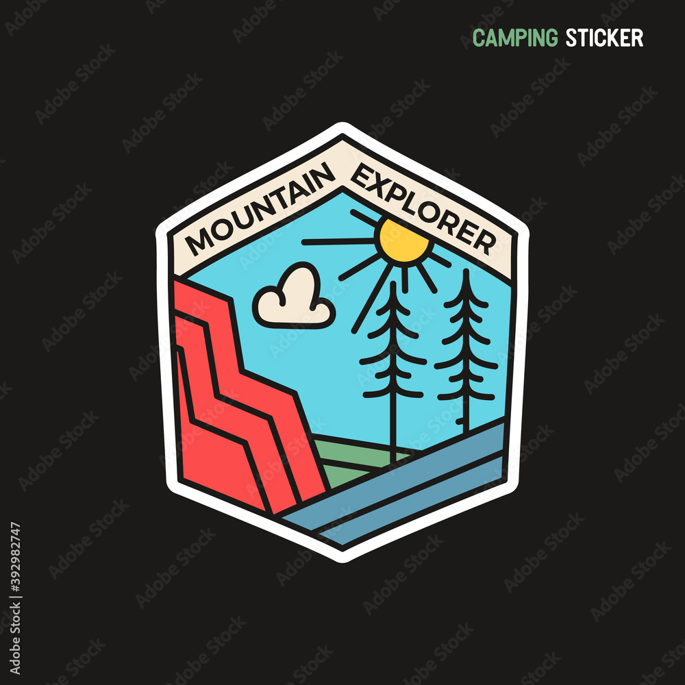 Camping adventure sticker design. Travel hand drawn patch. Mountain explorer label isolated. Stock vector