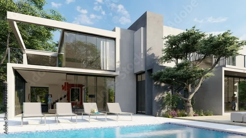 animation with a big contemporary house with a pool and a garden