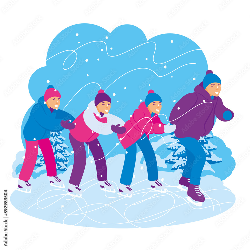 Fototapeta premium GROUP OF KIDS SKATING IN INDIAN FILE ON WINTER BACKGROUND. VECTOR ILLUSTRATION, CHARACTER DESIGN