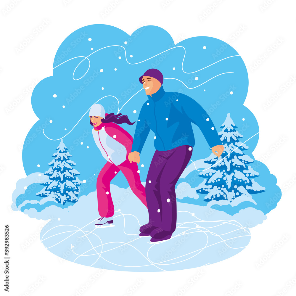 YOUNG PAIR SKATING ON WINTER BACKGROUND