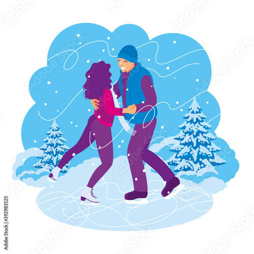YOUNG PAIR SKATING AND DANCING ON WINTER BACKGROUND