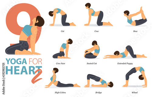 9 Yoga poses or asana posture for workout in Yoga for Heart concept. Women exercising for body stretching. Fitness infographic. Flat cartoon vector