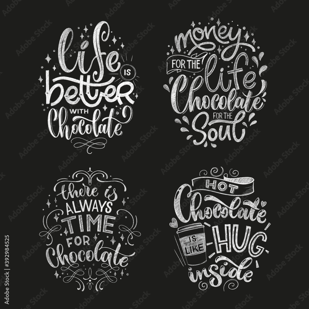 Chocolate hand lettering chalk quotes set. Christmas winter word composition. Vector design elements for t-shirt, bag, poster, card, sticker and menu