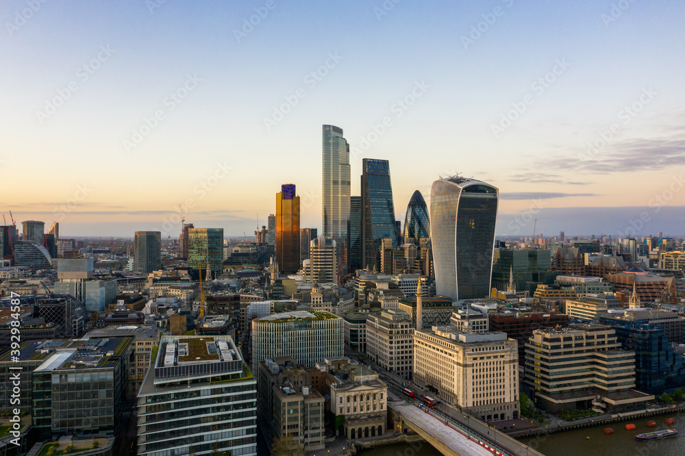 Fototapeta premium London Square mile drone view at sunrise 