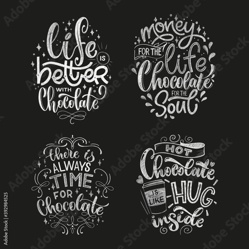 Chocolate hand lettering chalk quotes set. Christmas winter word composition. Vector design elements for t-shirt, bag, poster, card, sticker and menu