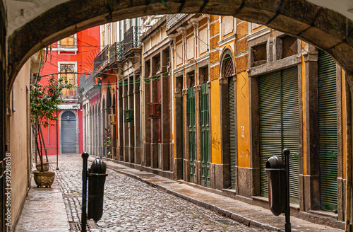 Rio de Janeiro, Brazil - December 26, 2008: El Centro district. Colorful facades and doors in alley, Tv do Commercio, just past Arco do Telles.  photo