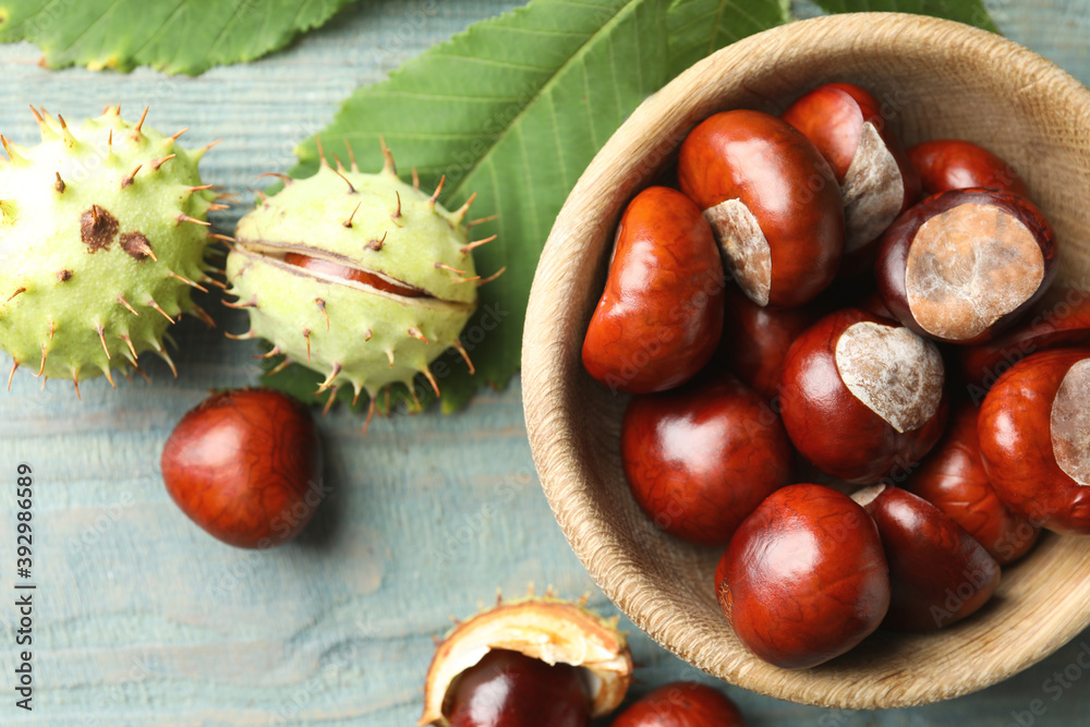 Horse chestnuts and leaf on blue wooden table, flat lay Horse chestnuts and leaf on blue wooden table, flat lay