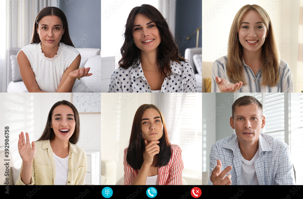Coworkers using video chat to work remotely. People on display, views through camera