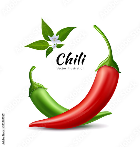 Chili peppers red and green fresh with leaves and flower chili realistic design, on white background, Eps 10 vector illustration