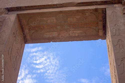 Entrance of the temple in Egypt on its immense walls and ceilings