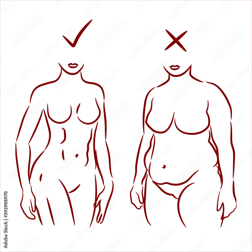Fat and slim woman. Female body silhouette before and after the diet,   losing weight. Female body line art before and after the fitness. Weight loss concept. Woman silhouette vector illustration.