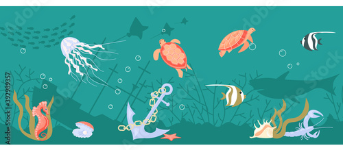 Coral reef inhabitants seamless border