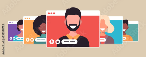 Video conference call of a business group meeting. Remote work. Work from Home, Online webinar. Social distancing. Online technology concept vector illustration.