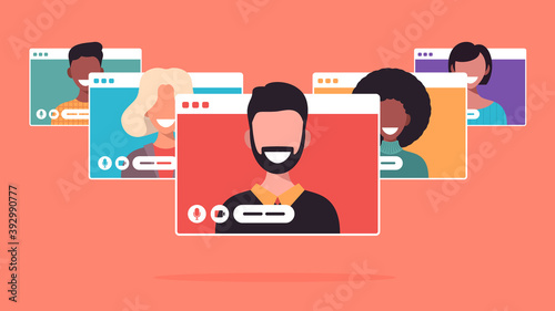 businesswoman chatting during video call business woman with chat bubble speech in computer window communication online conference concept portrait horizontal cartoon flat vector illustration