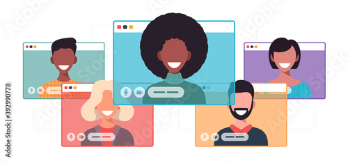 African businesswoman chatting during video call business woman with chat bubble speech in computer window communication online conference concept portrait horizontal cartoon flat vector illustration