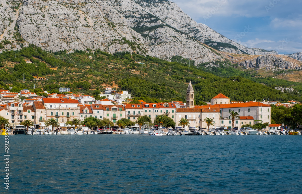 View of Makarska city center from the sea. Dalmatia, Croatia. August 2020