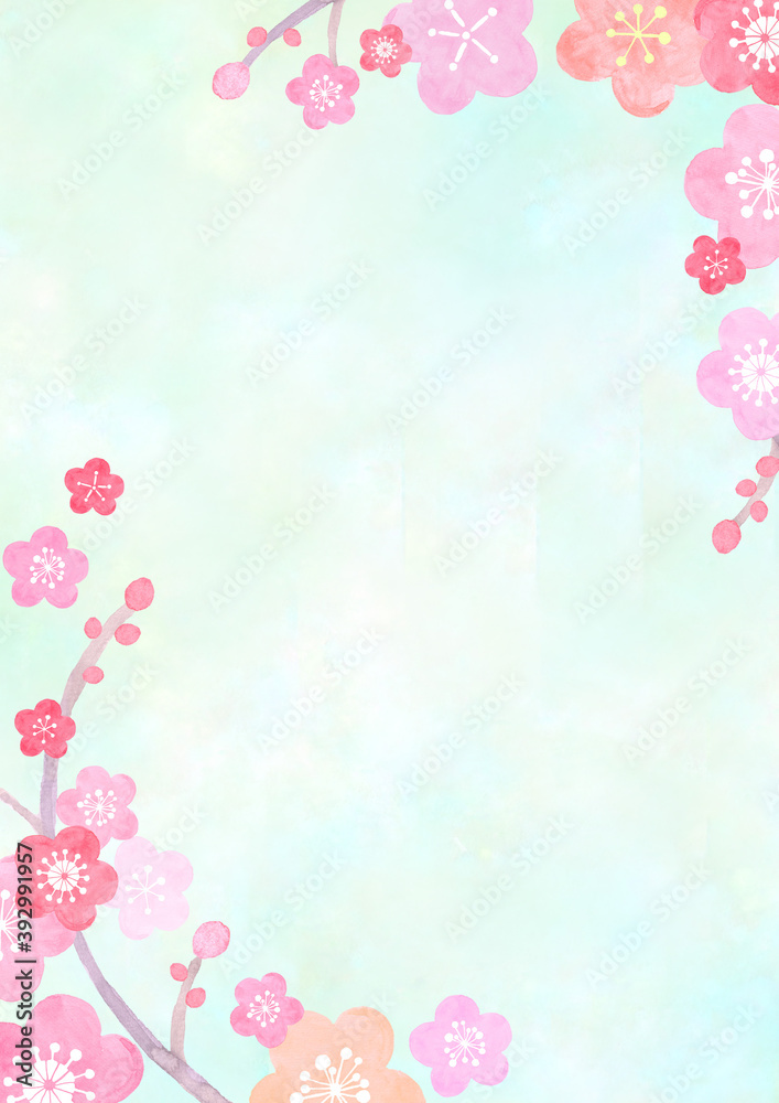 水彩で描いた和風の梅の背景イラスト
