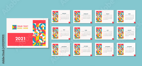2021 12 months calendar with abstract geometric backgrounds, starts monday, two weekend, white background