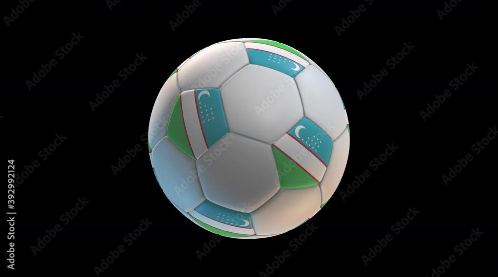 Soccer ball with flag Uzbekistan, on black background loop alpha. 3D Rendering Soccer ball with flag Uzbekistan, on black background loop alpha. 3D Rendering