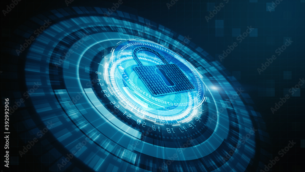 HUD and Lock Icon cyber security of digital data network protection, Future Technology Network Background Concept - obrazy, fototapety, plakaty 