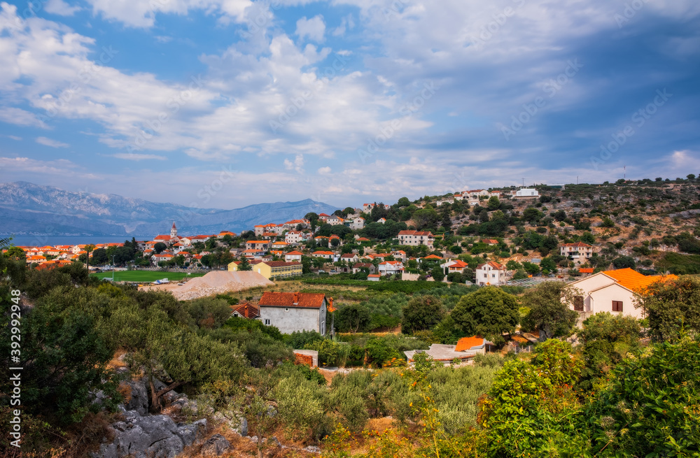 Gorgeous view on village Postira on Brac island, Croatia. August 2020