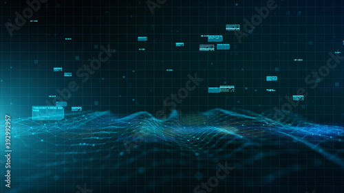 Fotografie Blue Digital Cyberspace Digital data network connections, Wave flowing with lines and dots connection, Technology communication or Hi-Tech digital display holographic information background