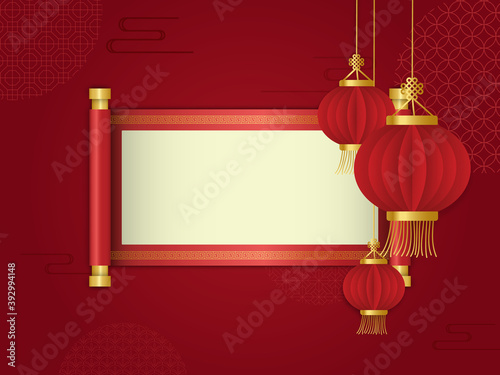Red lantern and scroll in front of chinese abstract background in paper cut style. Suitable for graphic, banner, card, flyer and many purpose