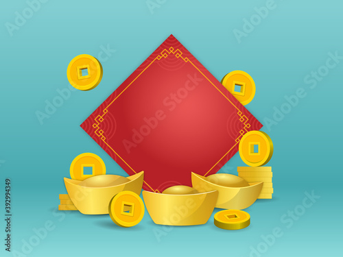 Chinese gold ingot and coin in front of blank red paper on green color background. Vector Illustration for greeting card, flyer, banner, web, and many purposes