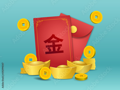 Chinese Angpao with golden coin and ingot in front green background. Chinese wording : Gold. Suitable for graphic, banner, card, flyer and many purpose