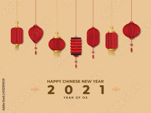 Happy new year 2021: year of OX with Several chinese lanterns hanging from the top. Suitable for graphic, banner, card, flyer and many purpose