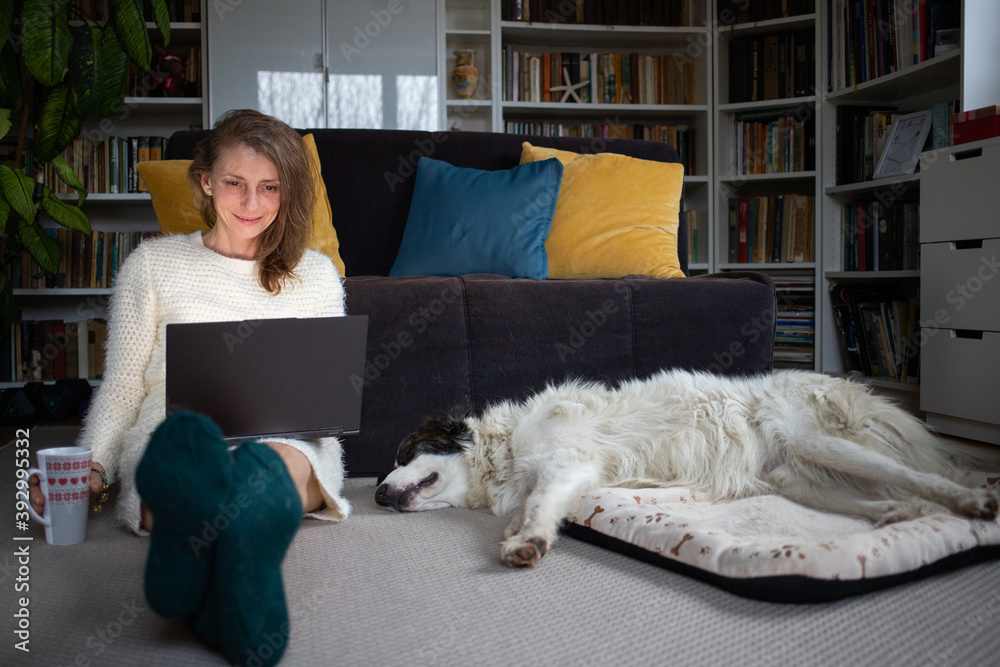 woman using laptop at home with dog hygge woman using laptop at home with dog hygge