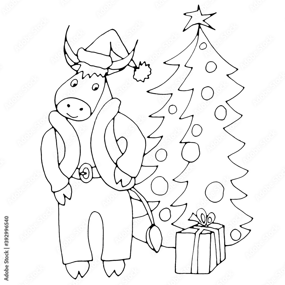 Bull with christmas tree and gift, symbol of 2021, graphic black and white line art on white background Bull with christmas tree and gift, symbol of 2021, graphic black and white line art on white background