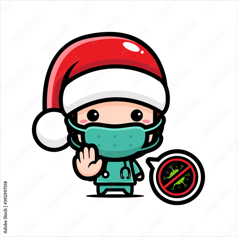 cute doctor santa character wearing a mask against the virus