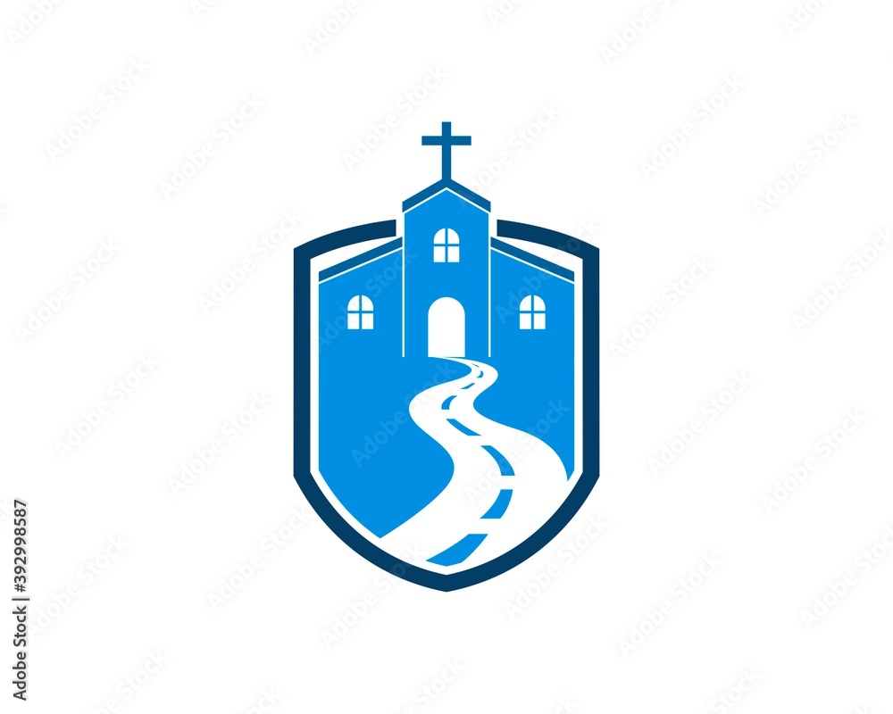 Shield with road to church inside Shield with road to church inside
