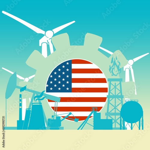 Energy and Power icons set with flag of USA. Sustainable energy generation and heavy industry.