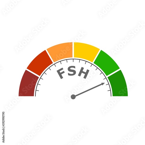 Gradient scale. Follicle stimulating hormone level measuring device icon. Sign tachometer, speedometer, indicators. Infographic gauge element.