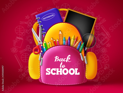 Back to school vector backpack bag. Back to school text in kid school bag element with colorful education supplies like pencil, crayon, notebook, chalkboard and scissor in red pattern background.
