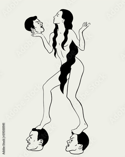 Vector hand drawn illustration of girl staying on severed male heads. Creative tattoo artwork. Template for card, poster, banner, print for t-shirt, pin, badge, patch.