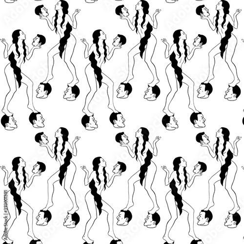 Vector pattern with hand drawn illustration of girl staying on severed male heads.