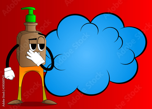 Cartoon bottle of hand sanitizer gel for hygiene with face holding his nose because of a bad smell.
