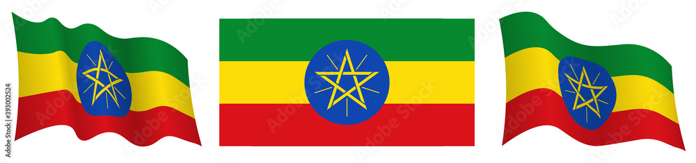 flag of ethiopia in static position and in motion, fluttering in wind in exact colors and sizes, on white background flag of ethiopia in static position and in motion, fluttering in wind in exact colors and sizes, on white background