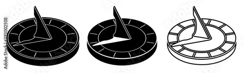 sundial icons. Dial and hand for measuring time in antiquity. Tool for measuring time. Vector