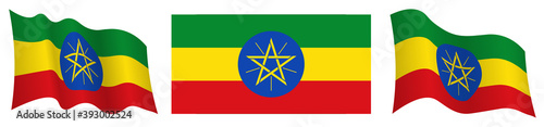 flag of ethiopia in static position and in motion, fluttering in wind in exact colors and sizes, on white background photo