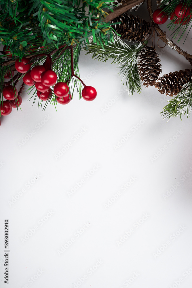 Christmas new year composition on white background. Fir branches, christmas decoration. Flat lay, top view, copy space Christmas new year composition on white background. Fir branches, christmas decoration. Flat lay, top view, copy space