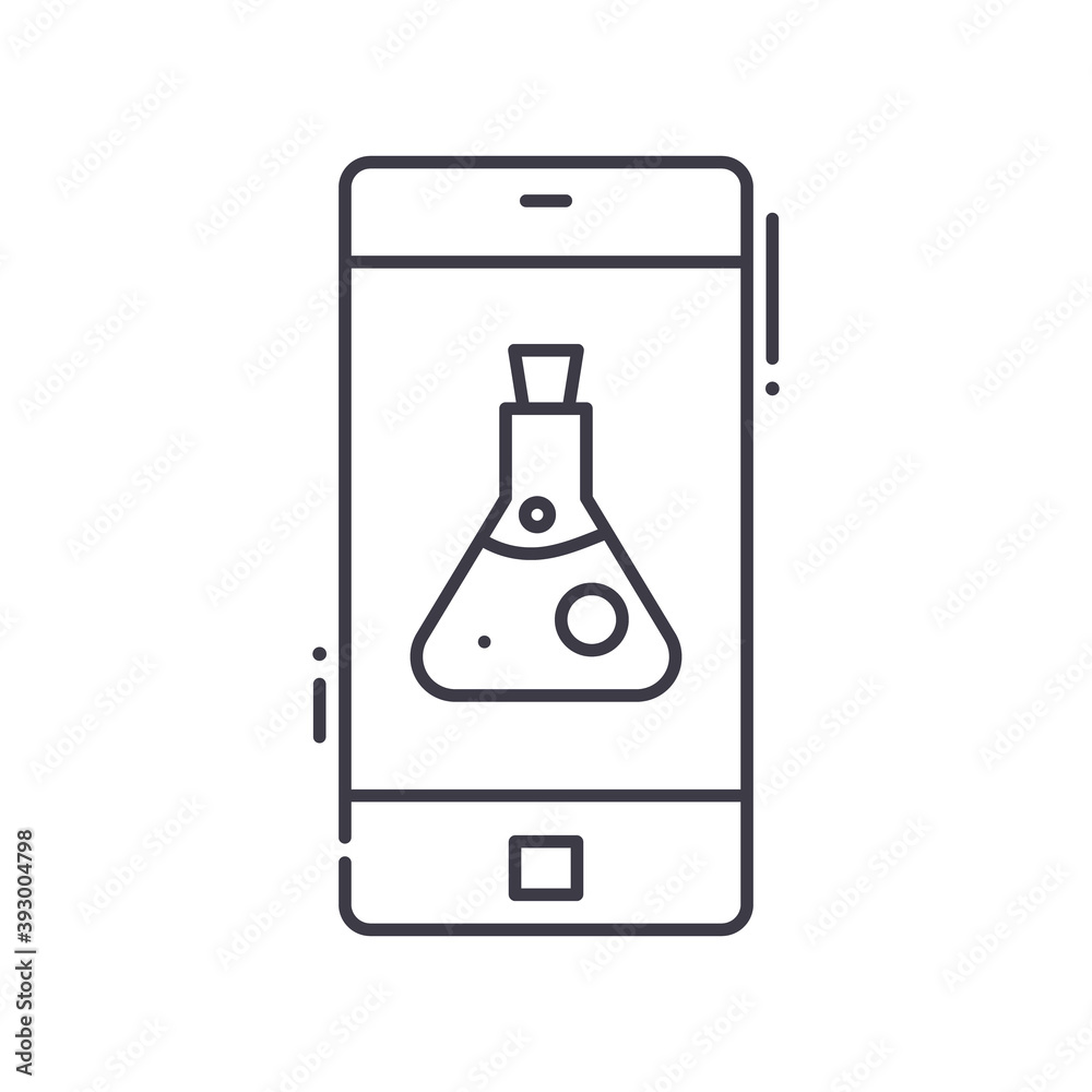 Smartphone research icon, linear isolated illustration, thin line vector, web design sign, outline concept symbol with editable stroke on white background. Smartphone research icon, linear isolated illustration, thin line vector, web design sign, outline concept symbol with editable stroke on white background.