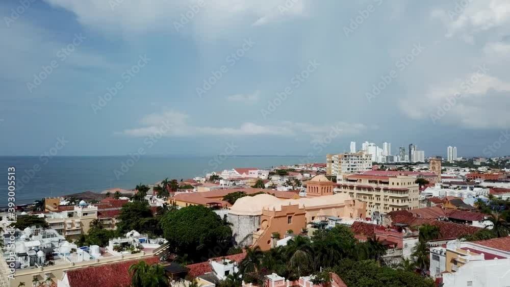 Panning with drone over colorful streets and houses in Cartagena Colombia. Panning with drone over colorful streets and houses in Cartagena Colombia.